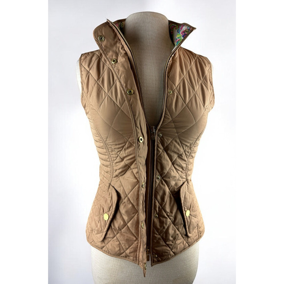 Lilly Pulitzer Quilted Vest Full Zip Up Snap Tan Printed Lining Women's Size XS - Picture 13 of 13